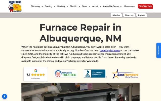 Number One Plumbing, AC, Solar & Electric's page as the assistant saw it