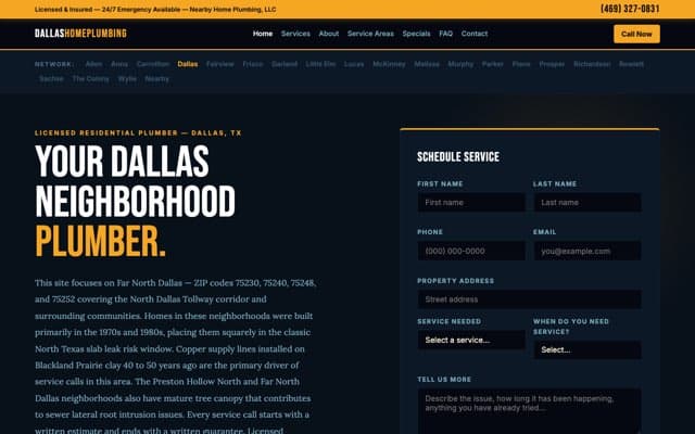 Dallas Home Plumbing's page as the assistant saw it
