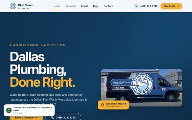 Blue Moon Plumbing's page as the assistant saw it